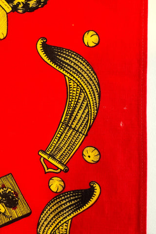 Bright red and yellow “Zazpiak Bat” scarf featuring the Basque coat of arms. The seven Basque provinces, which are represented in detailed illustrations in red, black, and yellow.