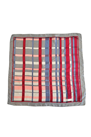 Lightweight, semi-sheer striped vintage scarf in shades of grey, blue, red, and pink. 