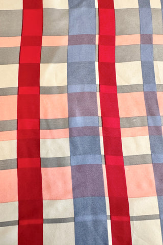 Lightweight, semi-sheer striped vintage scarf in shades of grey, blue, red, and pink. 