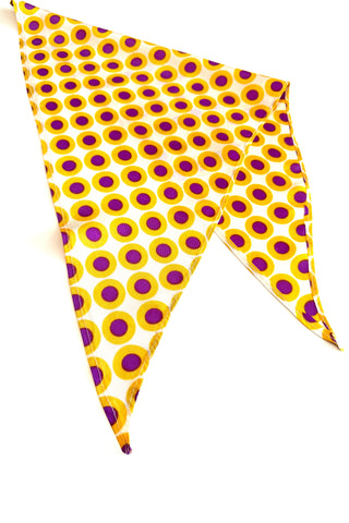 Cute 1960s kerchief scarf with yellow and pink polka dots on a background of white rayon twill.