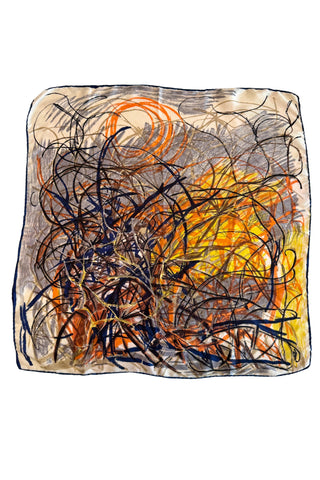 Vintage silk scarf with rolled edges, with an abstract “scribble” pattern in shades of navy blue, orange, yellow and brown. The soft and supple silk drapes beautifully. 