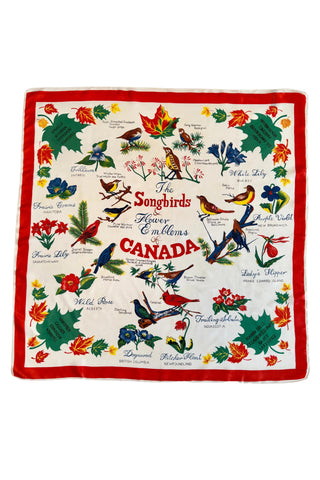 Lovely vintage souvenir scarf featuring charming illustrations of the songbirds and flower emblems of the provinces of Canada.