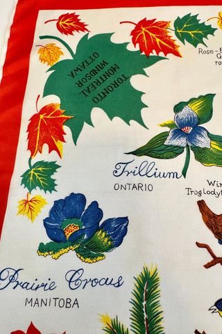 Lovely vintage souvenir scarf featuring charming illustrations of the songbirds and flower emblems of the provinces of Canada.