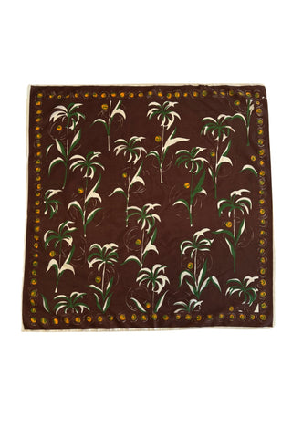 Deep brown 1950s vintage scarf with stylized palm tree print with yellow coconut border.