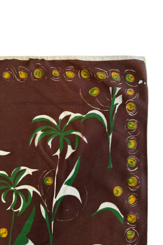 Deep brown 1950s vintage scarf with stylized palm tree print with yellow coconut border.