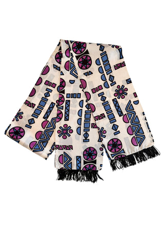 Long white vintage evening scarf with black fringed ends, featuring a collection of bold geometric shapes in shades of pigeon blue, plum purple and black. 