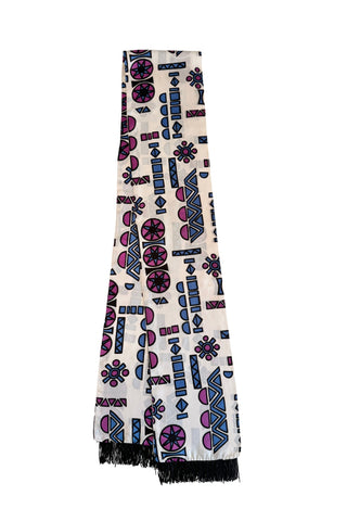 Long white vintage evening scarf with black fringed ends, featuring a collection of bold geometric shapes in shades of pigeon blue, plum purple and black. 