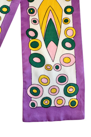 Bright, fun polka dot psychedelic print long scarf with a purple border and pattern in shades of bottle green, baby pink, and sunshine yellow.