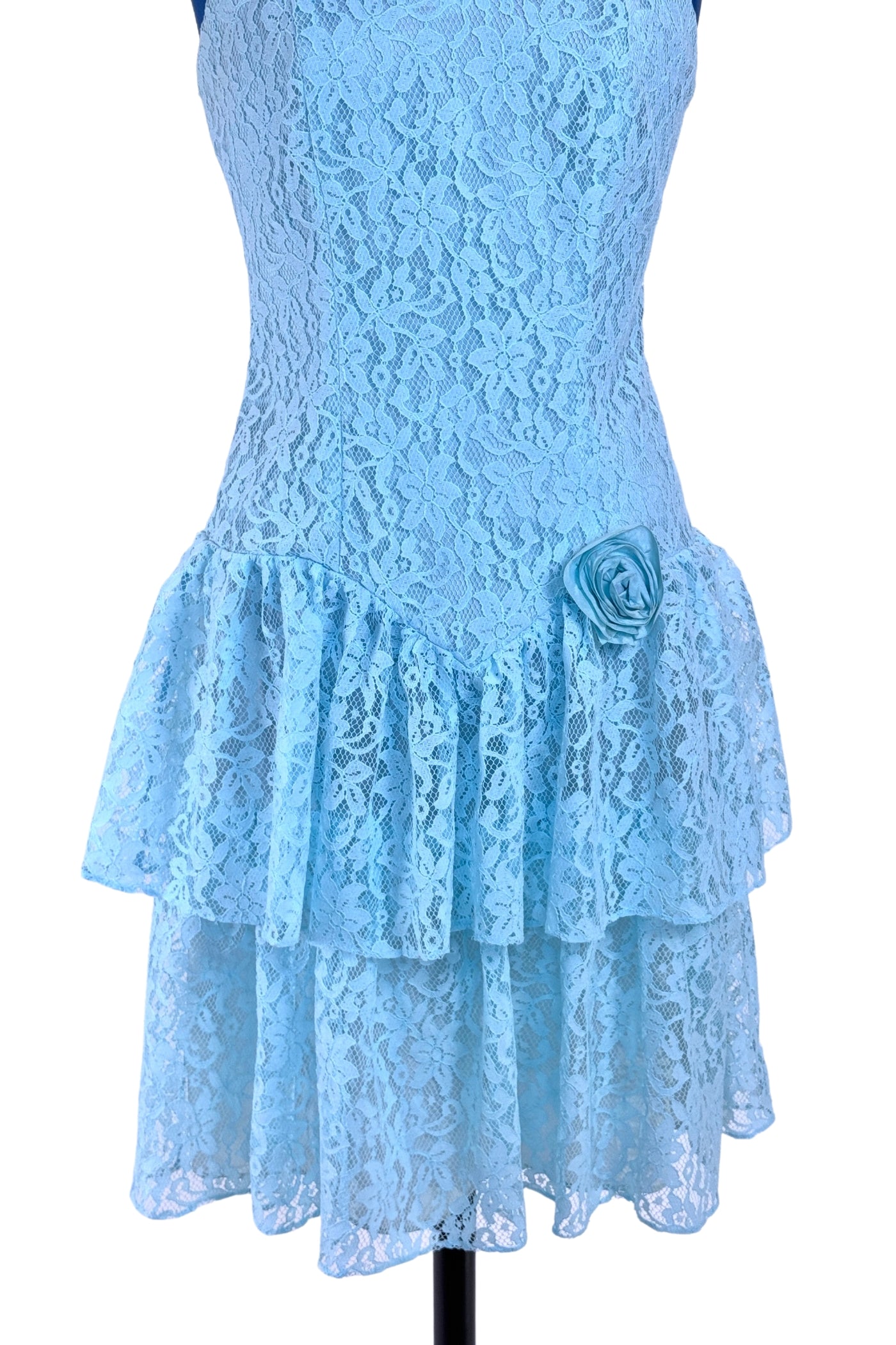 1980s Prom Dress Blue Lace Rosette - Small 1980s Prom Dress Blue Lace Rosette - Small