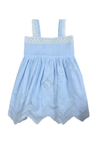 Intricately embroidered linen little girls’ dress with geometric floral openwork embroidery featured on the centre front of the pleated skirt. The front hem is heavily embroidered with a wide zig-zag panel of geometric and floral openwork embroidery.