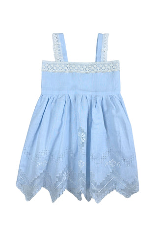 Intricately embroidered linen little girls’ dress with geometric floral openwork embroidery featured on the centre front of the pleated skirt. The front hem is heavily embroidered with a wide zig-zag panel of geometric and floral openwork embroidery.