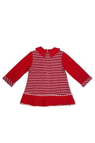 Vintage 1970s toddler dress in red, white, and black striped jersey, with a large pointed collar and oversized bow tie. The long sleeves, collar, and bottom panel of the skirt are solid red. The skirt is trimmed with daisy chain lace.

Crafted from a cotton/acrylic blend. The dress is unlined, and closes in the back with a cotton twill zipper.

Marked size 18 (months).