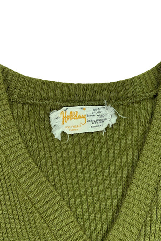 Vintage 1960s sweater vest by Holiday Knitwear in ribbed olive green 100% orlon acrylic fiber.