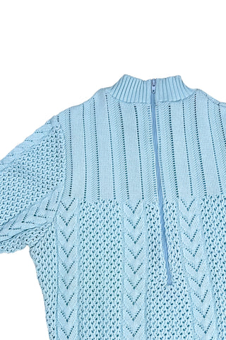 Vintage 1960s/1970s short sleeve sweater with an open eyelet knit pattern with vertical chevron panels and ribbed cuffs and collar. The back has a half-zipper closure. The material composition feels like a cotton/acrylic blend.
