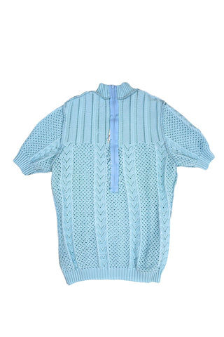 Vintage 1960s/1970s short sleeve sweater with an open eyelet knit pattern with vertical chevron panels and ribbed cuffs and collar. The back has a half-zipper closure. The material composition feels like a cotton/acrylic blend.