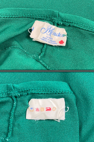 Vintage 1970s Mondor leotard in emerald green. Features a round neckline, short sleeves, and a full cut leg opening.