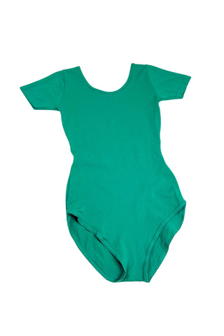 Vintage 1970s Mondor leotard in emerald green. Features a round neckline, short sleeves, and a full cut leg opening.