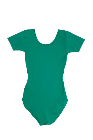 Vintage 1970s Mondor leotard in emerald green. Features a round neckline, short sleeves, and a full cut leg opening.