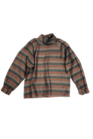 Vintage 70s/80s blouse in a sheer green, brown, and gold metallic striped rayon material. Features a folded scarf-like collar, long sleeves with buttoned cuffs, and closes with buttons down the back. 

Designed by Benjamin and Made in Italy. Marked size 46.