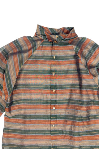 Vintage 70s/80s blouse in a sheer green, brown, and gold metallic striped rayon material. Features a folded scarf-like collar, long sleeves with buttoned cuffs, and closes with buttons down the back. 

Designed by Benjamin and Made in Italy. Marked size 46.