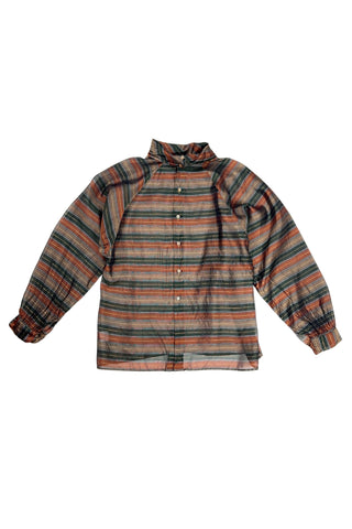 Vintage 70s/80s blouse in a sheer green, brown, and gold metallic striped rayon material. Features a folded scarf-like collar, long sleeves with buttoned cuffs, and closes with buttons down the back. 

Designed by Benjamin and Made in Italy. Marked size 46.
