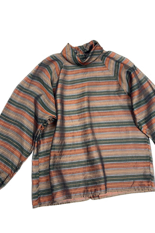 Vintage 70s/80s blouse in a sheer green, brown, and gold metallic striped rayon material. Features a folded scarf-like collar, long sleeves with buttoned cuffs, and closes with buttons down the back. 

Designed by Benjamin and Made in Italy. Marked size 46.