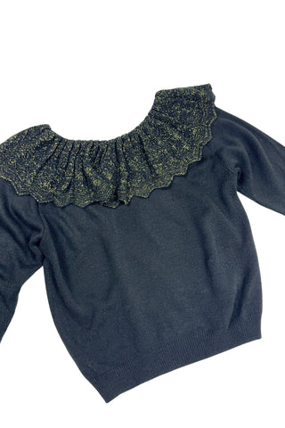 Vintage 1980s dressy black sweater with a wide eyelet knit Pierrot collar woven with gold metallic yarn. The collar has intricate eyelet knit with a scalloped edge.