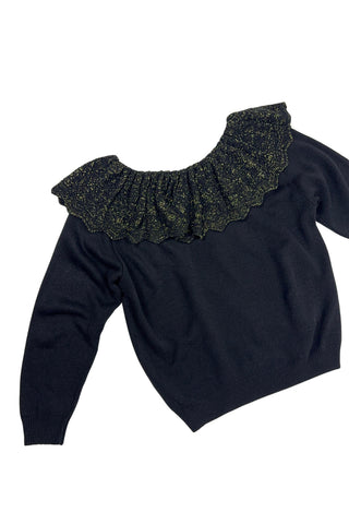 Vintage 1980s dressy black sweater with a wide eyelet knit Pierrot collar woven with gold metallic yarn. The collar has intricate eyelet knit with a scalloped edge.