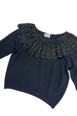 Vintage 1980s dressy black sweater with a wide eyelet knit Pierrot collar woven with gold metallic yarn. The collar has intricate eyelet knit with a scalloped edge.