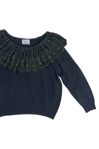 Vintage 1980s dressy black sweater with a wide eyelet knit Pierrot collar woven with gold metallic yarn. The collar has intricate eyelet knit with a scalloped edge.