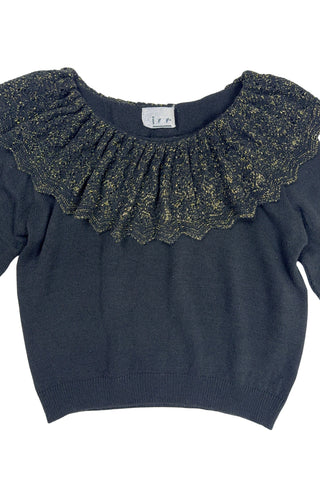 Vintage 1980s dressy black sweater with a wide eyelet knit Pierrot collar woven with gold metallic yarn. The collar has intricate eyelet knit with a scalloped edge.