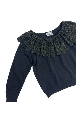 Vintage 1980s dressy black sweater with a wide eyelet knit Pierrot collar woven with gold metallic yarn. The collar has intricate eyelet knit with a scalloped edge.