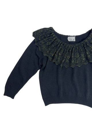 Vintage 1980s dressy black sweater with a wide eyelet knit Pierrot collar woven with gold metallic yarn. The collar has intricate eyelet knit with a scalloped edge.