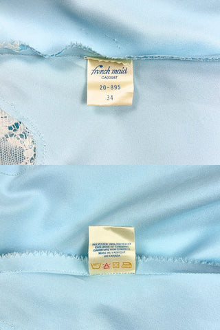 Vintage 1970s blue satin teddy one piece lingerie with snap closure by French Maid. Features beautiful wide white lace trim at the V neckline and around the legs, and matching blue satin spaghetti straps.

Designed by French Maid, Made in Canada. Marked Size 34.