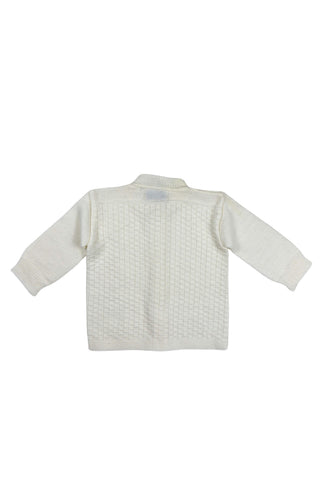 Vintage 1960s white baby sweater made of “Pure Orlon”. The bodice has a small square pattern with a slightly raised texture. The cardigan sweater closes with four pearly cateye buttons. 

Made in Canada.