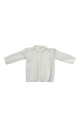 Vintage 1960s white baby sweater made of “Pure Orlon”. The bodice has a small square pattern with a slightly raised texture. The cardigan sweater closes with four pearly cateye buttons. 

Made in Canada.