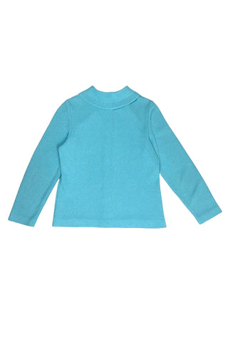 Vintage 1960s cardigan sweater in peacock blue Dacron polyester knit. The collar and button placket are accented with eyelet detailing. The cardigan closes with six pearly lucite buttons. 

The material is a medium weight polyester knit with a structured feel.

Designed by Kimberly.