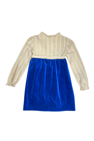 Vintage 1960s Edwardian-inspired toddler dress in rich blue cotton velvet and cream daisy lace. The dress features an empire waist belted with a thin matching sash which ties in a bow in the back, long sleeves with elasticized cuffs, and a round neck with ruffled collar. 

The dress closes in the back with four pearly buttons.