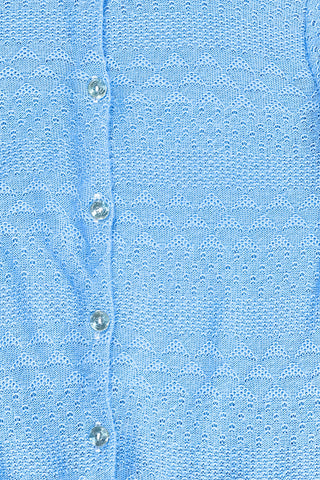 Vintage 1970s blue cardigan sweater with detailed eyelet knit in a variety of different stitches. Features a Peter Pan collar, clear plastic buttons, and ribbed sleeve cuffs and waistband, similar to a sweatshirt.

Designed by Excelsior Knitting Mills. Made in Canada.