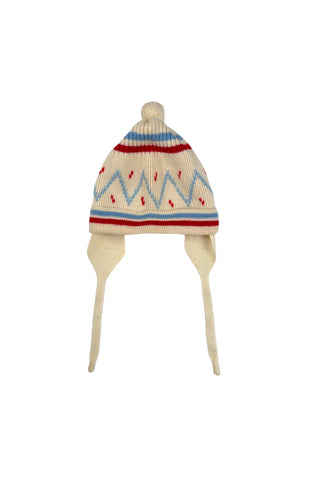 Vintage 1960s wool baby hat with ear flaps and chin tie. Features a folded, striped brim around the head, and a pompom on top.

The only label reads Made in Canada.