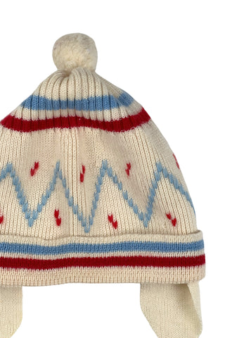 Vintage 1960s wool baby hat with ear flaps and chin tie. Features a folded, striped brim around the head, and a pompom on top.

The only label reads Made in Canada.