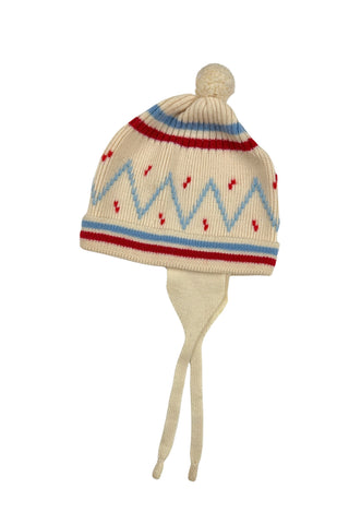 Vintage 1960s wool baby hat with ear flaps and chin tie. Features a folded, striped brim around the head, and a pompom on top.

The only label reads Made in Canada.