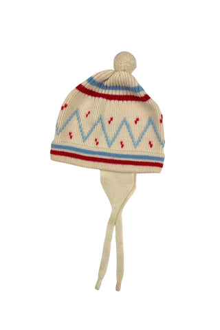 Vintage 1960s wool baby hat with ear flaps and chin tie. Features a folded, striped brim around the head, and a pompom on top.

The only label reads Made in Canada.