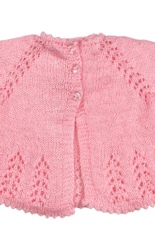 Vintage handmade baby cardigan in pink eyelet knit with a subtle silver sparkle in the yarn. Closes with three crystal buttons 