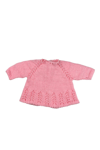 Vintage handmade baby cardigan in pink eyelet knit with a subtle silver sparkle in the yarn. Closes with three crystal buttons 