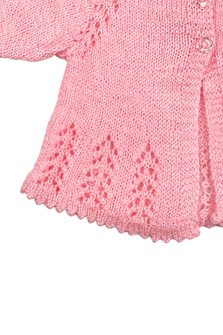 Vintage handmade baby cardigan in pink eyelet knit with a subtle silver sparkle in the yarn. Closes with three crystal buttons 
