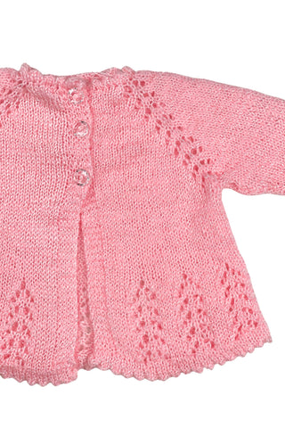 Vintage handmade baby cardigan in pink eyelet knit with a subtle silver sparkle in the yarn. Closes with three crystal buttons 