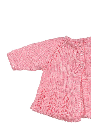 Vintage handmade baby cardigan in pink eyelet knit with a subtle silver sparkle in the yarn. Closes with three crystal buttons 