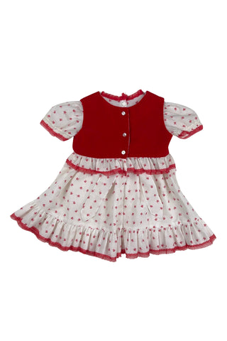 Vintage 1970s baby dress set with insect print. The set includes a dress, matching bloomers, and a red velvet vest with a peplum ruffle. The dress has short, puffed sleeves, a round neckline, and a gathered, full skirt with a back sash bow tie. The collar, cuffs, and hem are trimmed with delicate red lace. 

The dress and vest both close in the back with three pearly buttons.