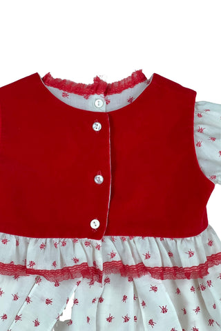 Vintage 1970s baby dress set with insect print. The set includes a dress, matching bloomers, and a red velvet vest with a peplum ruffle. The dress has short, puffed sleeves, a round neckline, and a gathered, full skirt with a back sash bow tie. The collar, cuffs, and hem are trimmed with delicate red lace. 

The dress and vest both close in the back with three pearly buttons.